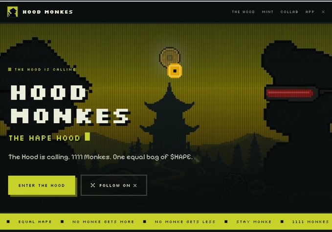 Pixel-art style website banner for 'HOOD MONKES' NFT collection on Robinhood Chain, featuring the tagline 'THE HAPE HOOD' and 'The Hood is calling. 1111 Monkes. One equal bag of SHAPE.' with 'ENTER THE HOOD' and 'FOLLOW ON X' buttons.