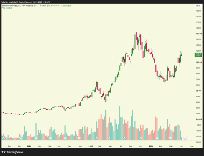 A TradingView candlestick chart shows Robinhood Markets (HOOD) climbing from under $20 in 2024 to a peak above $160 in late 2025, pulling back to around $80 before recovering toward $115, illustrating the strong stock performance that contrasts with the poster's concerns about long-term threats from Hyperliquid and crypto competition.