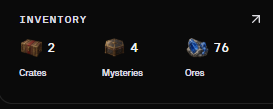 A game inventory screen displays 'Crates: 2', 'Mysteries: 4', and 'Ore: 76'.
