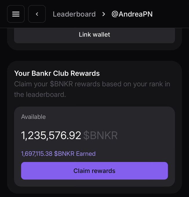 A Bankr Club Rewards screen showing 'Available' balance of 1,235,576.92 $BNKR with a 'Claim rewards' button, under the username @AndreaPN.