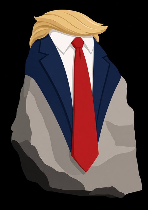 An illustration of a suit and red tie carved out of rock, topped with Donald Trump's blonde hairstyle against a black background.