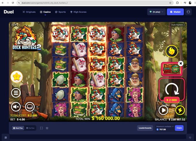 A screenshot of the Duck Hunters 2 slot game on Duel.com casino, showing a forest-themed grid with cartoon hunter symbols, a total cost of $2,000 and a total win of $160,000.00.