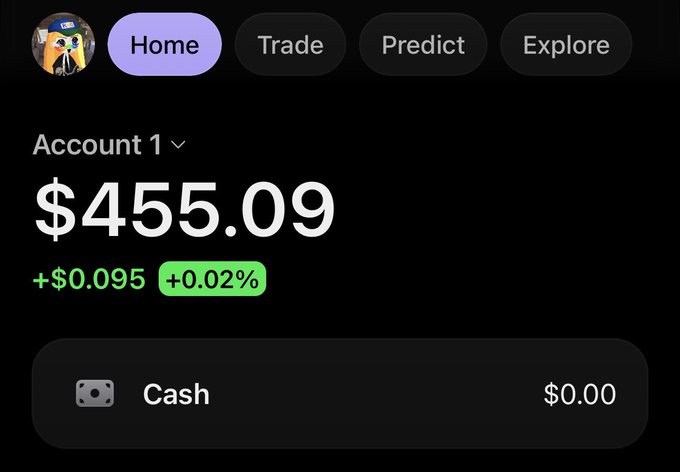 The image shows a cryptocurrency wallet interface displaying "Account 1" with a balance of $455.09, showing a slight gain of +$0.095 (+0.02%), and a Cash balance of $0.00. The screenshot illustrates the modest crypto holdings of a participant entering a $200 SOL giveaway.
