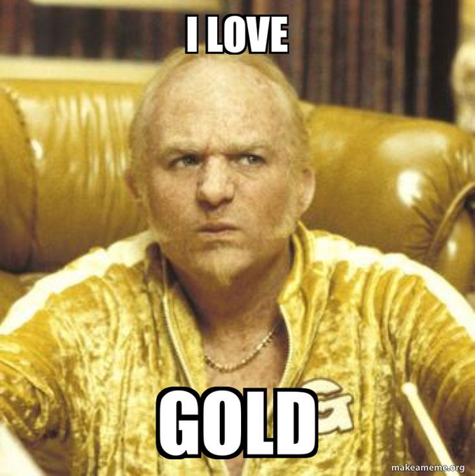 A meme featuring a man in a gold tracksuit sitting in a gold chair, with the text 'I LOVE' at the top and 'GOLD' at the bottom, from makeameme.org.