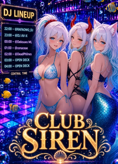 An anime-style promotional poster for "CLUB SIREN" featuring three female characters with white hair and mermaid/horned features, listing a DJ lineup from 22:00-04:00 Central Time including @RAFAOWO_DJ, @DJ AV-X, @Dekouws ML, @cenaceae, and @DeadPh0nes.