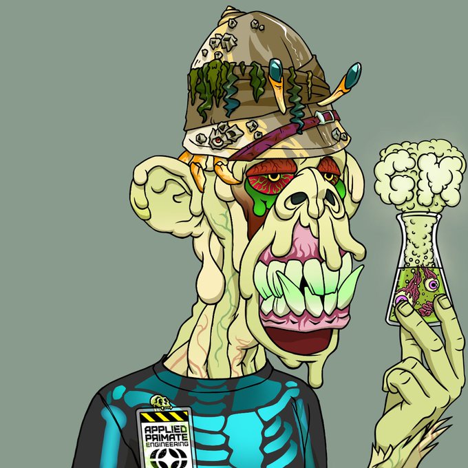 A grotesque zombie-like mutant ape with green oozing skin and a stitched-together hat holds a bubbling beaker of eyeballs, wearing a lanyard that reads "APPLIED PRIMATE ENGINEERING." The image playfully represents an "upgrade" from a standard Mutant Ape NFT to an advanced, science-gone-wrong version, fitting the post's theme of showing off mutant ape collectibles.