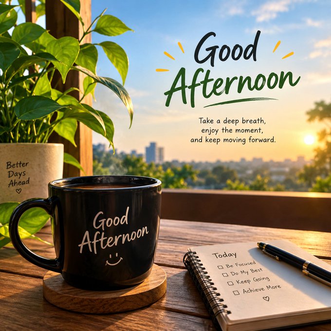 A "Good Afternoon" themed graphic featuring a black coffee mug, a notebook with a to-do list, a pen, and a potted plant against a scenic city view.