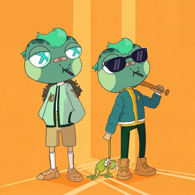 An illustration features two cartoon characters with green fish-like heads, one wearing a 'NO' jacket and the other wearing sunglasses and holding a bat, alongside a small green monkey.