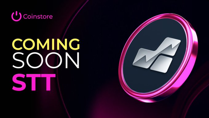 A promotional graphic from Coinstore announcing 'COMING SOON STT' with a pink-rimmed 3D coin featuring an upward trending arrow.