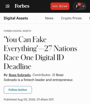 A Forbes Digital Assets article headline reading 'You Can Fake Everything' — 27 Nations Race One Digital ID Deadline by Boaz Sobrado, published Aug 05, 2026.