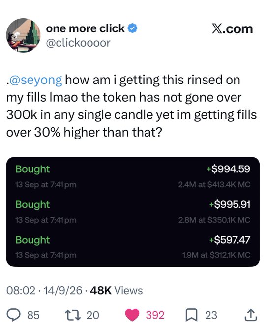 A tweet from 'one more click' (@clickoooor) directed at @seyong questions being rinsed on fills, showing three 'Bought' transactions for $994.59, $995.91, and $597.47 dated 13 Sep at 7:41pm.