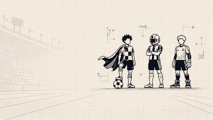 A pixel-art style illustration of three soccer players standing on a stadium field with grid lines and faint stadium seating in the background, one with a soccer ball at his feet.
