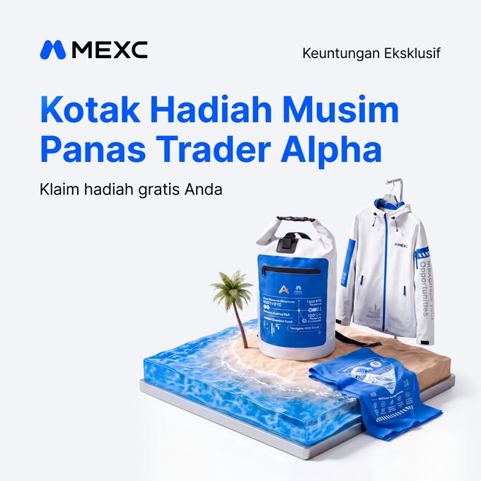 A promotional advertisement from MEXC for 'Kotak Hadiah Musim Panas Trader Alpha' (Trader Alpha Summer Gift Box) featuring merchandise like a white jacket and dry bag displayed on a beach-themed platform.