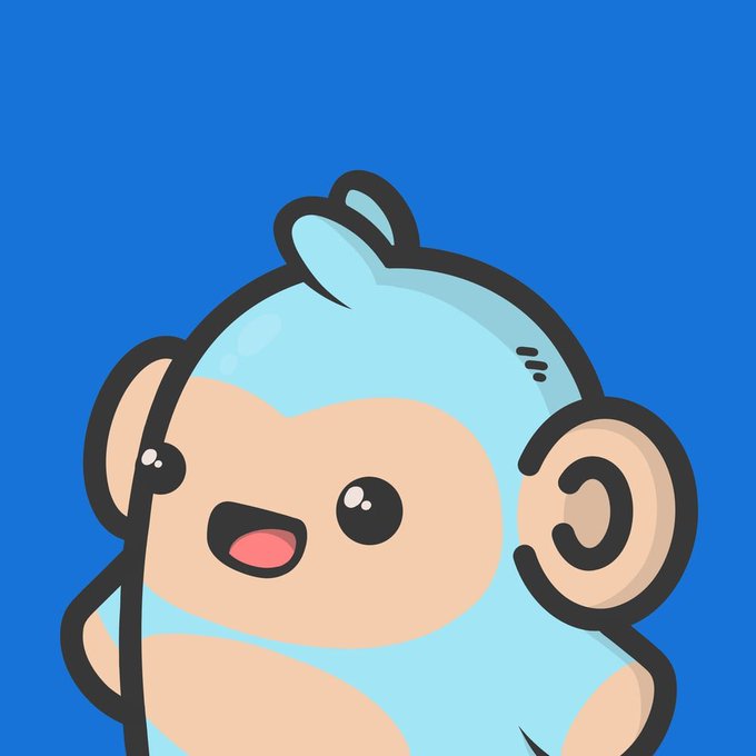 A cute cartoon illustration of a baby character dressed in a blue monkey costume with large ears, set against a solid blue background.
