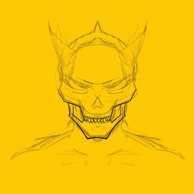 A pencil sketch of a menacing, demonic figure with pointed ears, closed eyes, and a wide, sharp-toothed grin on a yellow background.