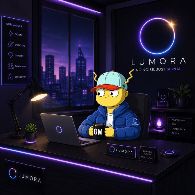 A cartoon character wearing a "LUMORA" hoodie and cap holds a "GM" coffee mug at a neon-lit desk, surrounded by "LUMORA" branding, the tagline "NO NOISE. JUST SIGNAL," and core values including Signal, Curation, Quality, Community, and Exclusivity. The image visually reinforces the post's "GM" (good morning) crypto greeting while tying it to the Lumora brand's curated, community-driven identity.