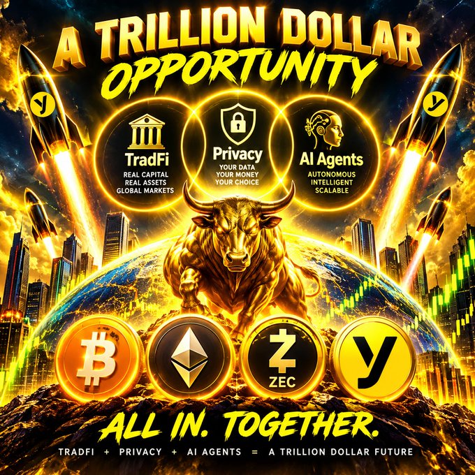 A vibrant promotional poster titled 'A TRILLION DOLLAR OPPORTUNITY' featuring a golden bull, a cityscape, and rockets, with sections labeled 'TradFi', 'Privacy', 'AI Agents', and cryptocurrency logos including Bitcoin and Ethereum, along with a 'y' logo.