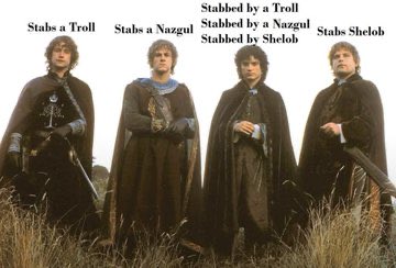 A four-panel meme featuring the character Boromir from Lord of the Rings, with captions reading 'Stabs a Troll', 'Stabs a Nazgul', 'Stabbed by a Nazgul', and 'Stabs Shelob'.