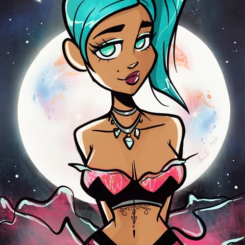 An illustration of a teal-haired character with green eyes wearing a pink and black outfit, set against a large moon background.