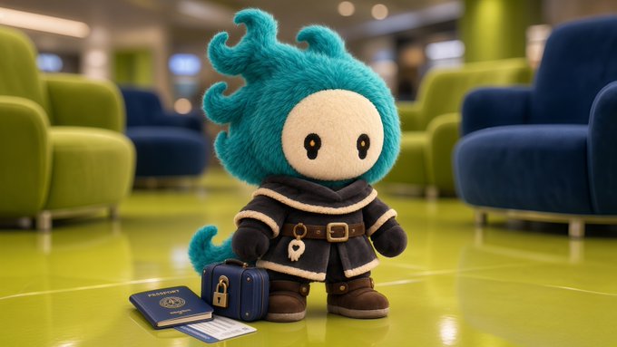 A plush toy character with teal flame-like hair, wearing a dark belted coat, sitting on a green floor alongside a passport and small suitcase, surrounded by blue and green chairs.