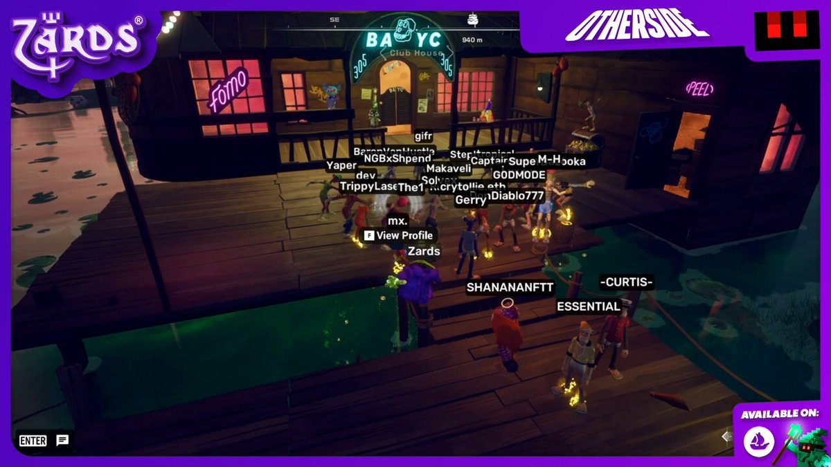 The image shows a group of people gathered around a wooden dock, possibly for a birthday party or other social event. There are at least 12 people visible in the scene, with some standing closer to the dock while others are further away. The dock is located near a building that has a neon sign on it, which could be a clubhouse or another type of venue. The post about the birthday celebration suggests that this gathering might be related to a special occasion like someone's birthday party.
