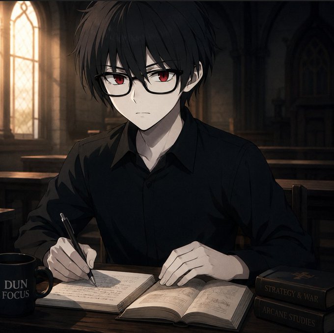 An anime-style illustration of a dark-haired male character with red eyes and glasses, wearing a black shirt, writing in a notebook beside books labeled 'STRATEGY & WAR' and 'ARCANE STUDIES' in a gothic room.
