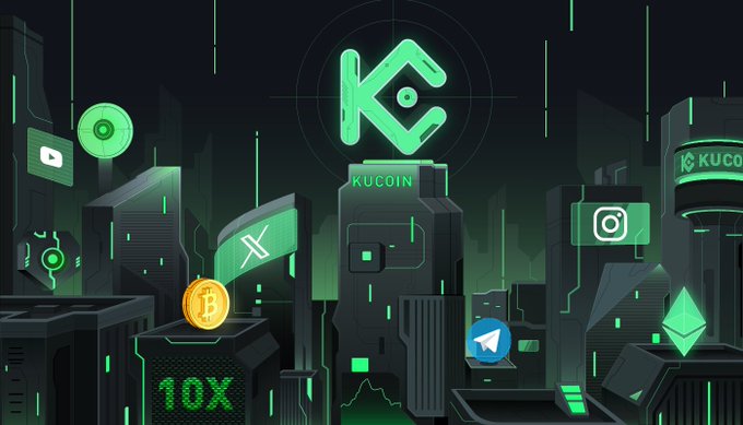 A promotional graphic for KuCoin cryptocurrency exchange featuring the KuCoin logo prominently in a cyberpunk-style cityscape, with logos for YouTube, Bitcoin, X (Twitter), Instagram, and Ethereum scattered throughout the scene.