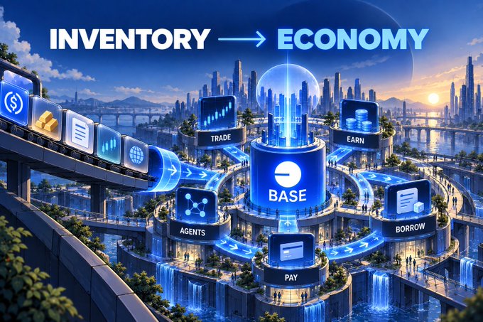 A futuristic digital landscape illustration with the heading "INVENTORY → ECONOMY" featuring interconnected platforms labeled TRADE, EARN, BORROW, PAY, and AGENTS centered around a BASE.