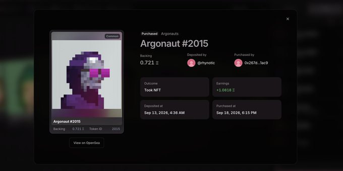 A dark interface screen displaying details for a purchased NFT called 'Argonaut #2015', showing backing of 0.721 and outcome 'Took NFT' with earnings of +1.0818, deposited on Sep 13, 2026.