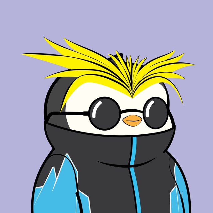 The image features a cartoon penguin wearing sunglasses, goggles, and a black jacket with blue accents. The penguin has blonde hair styled into an updo. The text "Just got my Pudgy Penguin New PFP? New PFP!" is written above the penguin's head, which seems to be related to the post about the penguin character.
