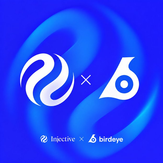 A blue graphic announcing a collaboration between Injective and birdeye, featuring both company logos on a swirled background with text reading 'Injective × birdeye'.