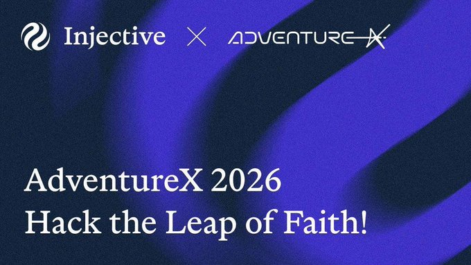 The image features a poster for an event called "AdventureX x 2006" with two logos - one blue and one white. The text on the poster reads, "Injective tiếp tục mở rộng dấu ấn toàn cầu khi chính trung Quốc. Điều khiến mình chú ý là... Hơn 3.000 hacker đã đâng ký tham gia, và sự kiện thậm". The poster is displayed against a blue background with white text and logos.