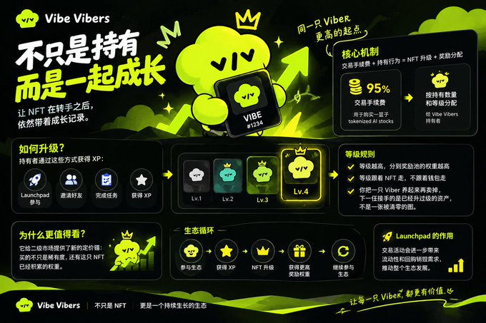 A Chinese-language infographic for 'Vibe Vibers' (VIV) explaining an NFT ecosystem with growth mechanics, level upgrades from Lv.1 to Lv.4, a 95% tokenized AI share model, and XP earning methods including Launchpad participation.