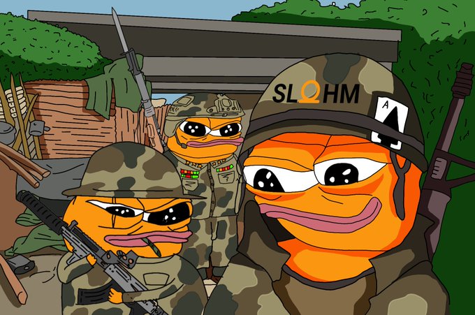 A cartoon illustration features three anthropomorphic orange fish characters dressed in military camouflage uniforms and helmets, with one helmet displaying the text 'SLOHM'.