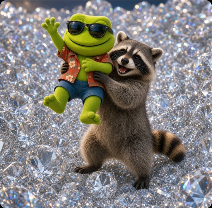 A whimsical 3D rendered scene showing a raccoon holding up a smiling green frog plushie wearing sunglasses, a Hawaiian shirt, and denim shorts against a sparkling crystal background.