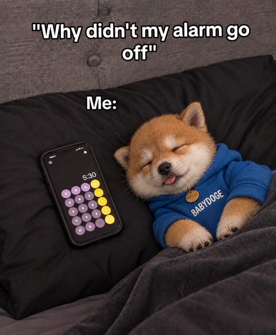 A sleepy Doge in a blue “BABYDOGE” hoodie lies in bed beside a phone showing 5:30, with text reading “Why didn’t my alarm go off” and “Me.” It humorously illustrates the “GM, legends Roll call” post by showing a late riser instead of an early morning greeting.