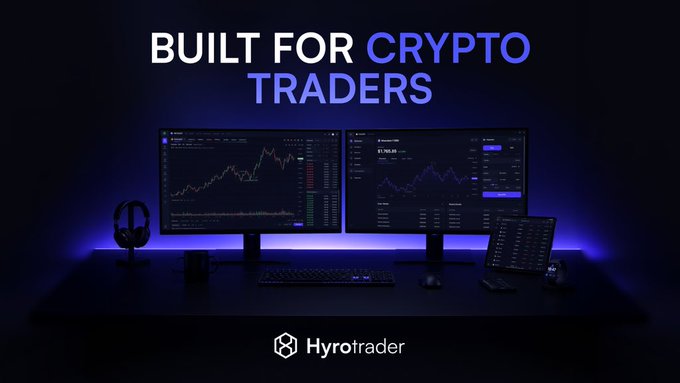 A promotional graphic for 'Hyrotrader' displaying 'BUILT FOR CRYPTO TRADERS' above a dual-monitor trading setup with purple ambient lighting.
