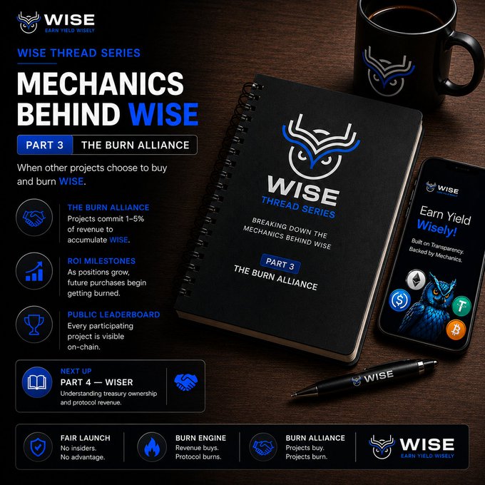 A promotional graphic for WISE (Earn Yield Wisely) titled 'Mechanics Behind WISE - Part 3: The Burn Alliance' explains how projects commit 1-5% of revenue to accumulate WISE tokens, featuring a notebook, mug, and smartphone on a desk.