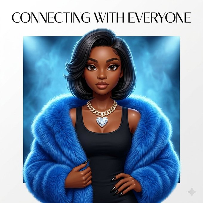 A 3D-rendered digital avatar of a Black woman with a bob haircut, wearing a black dress, gold chain, and blue fur coat, appears beneath the text 'CONNECTING WITH EVERYONE' against a blue smoky background.