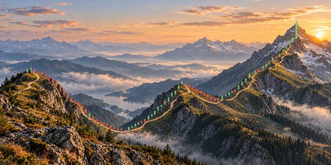 A scenic mountain landscape at sunset with colorful flags strung along a ridgeline connecting two peaks above clouds.