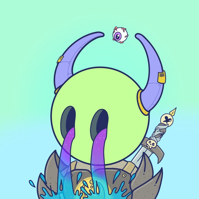 A cartoon illustration of a green alien-like character with purple horns crying purple tears, with a floating eyeball above and a small skull-topped weapon beside it.