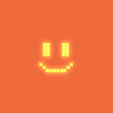 A pixelated yellow smiling face glows softly against an orange background.