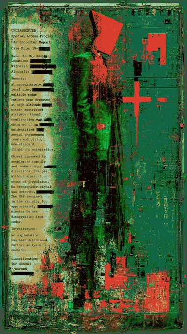 An 'UNCLASSIFIED' document titled 'Special Access Program OAP Encounter Report Case File: 1#-' dated '14 May 2017' details an aircraft encounter, featuring a dark, glitchy figure in red and green.