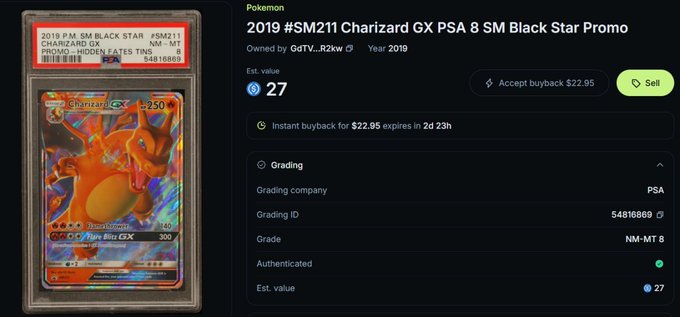 A PSA-graded 2019 Pokemon 'SM211 Charizard GX PSA 8 SM Black Star Promo' card #27 with an estimated value and a $22.95 buyback option.