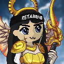 A cartoon-style character with blue hair, golden armor, and a 'RETARDIO' headband holding a flaming staff against a cloudy sky background.