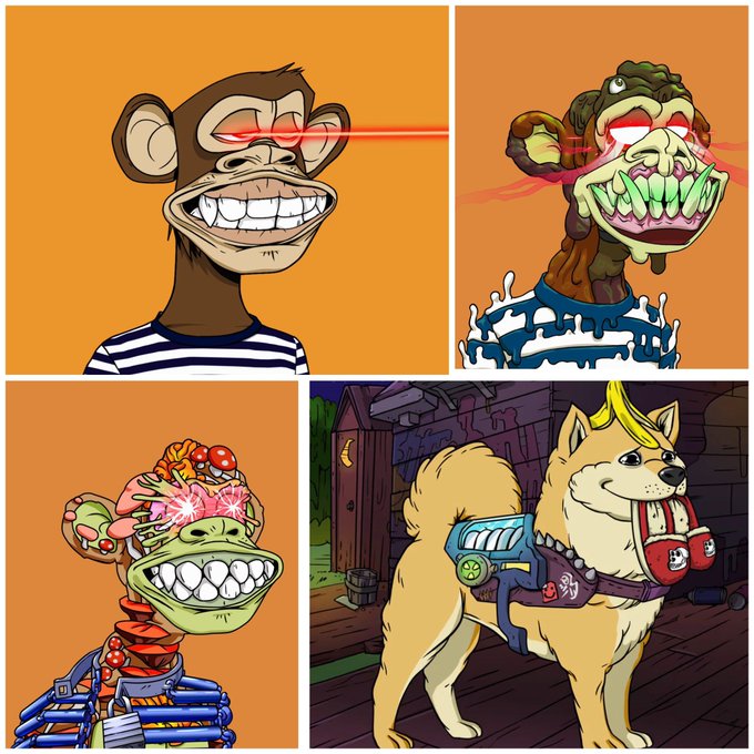 A four-panel collection of distorted meme-style cartoon characters including a grinning monkey with laser eyes, a decayed zombie ape, a chaotic burger-headed figure, and a Doge-style Shiba Inu wearing a basketball jersey in a dungeon setting.