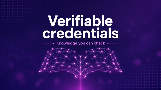 A purple promotional graphic displaying "Verifiable credentials - Knowledge you can check" with a glowing neon open book illustration.