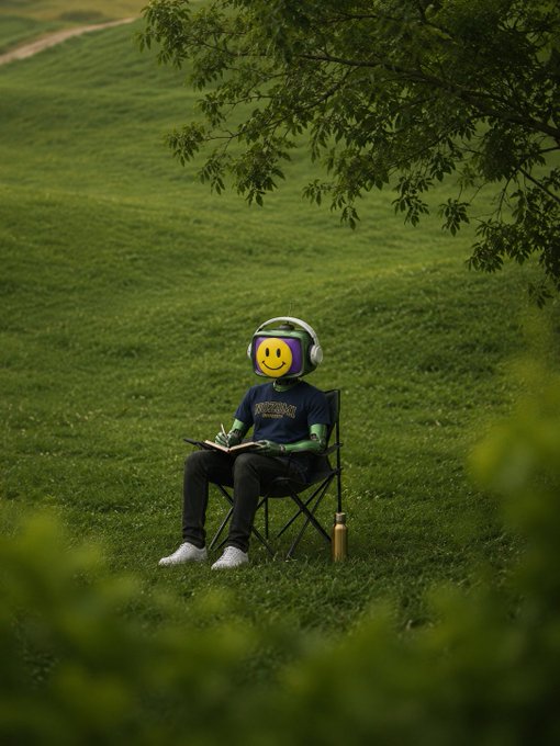 Artistic photo of a person with a yellow smiley-face emoji covering their head, wearing headphones and a dark t-shirt, sitting on a folding chair in a lush green grassy field under a tree, sketching in a notebook.
