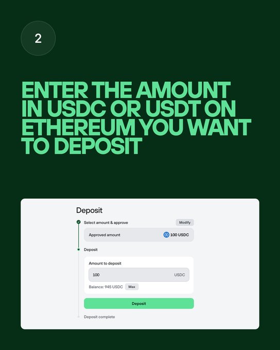 Step 2 instruction card on a dark green background: 'Enter the amount in USDC or USDT on Ethereum you want to deposit,' showing a Trezor deposit screen with 100 USDC approved and a balance of P45 USDC.