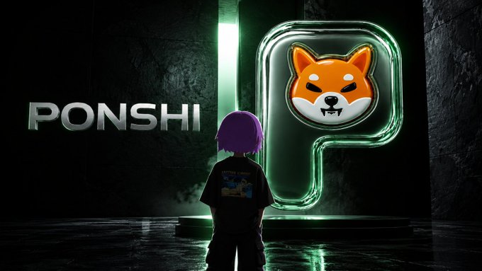 An image of a character with purple hair facing a large neon green 'P' logo featuring a Shiba Inu dog, with the text 'PONSHI' on the left.
